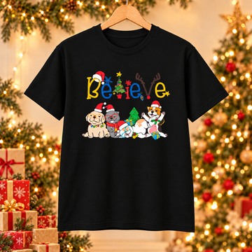 Believe Christmas Unisex T-Shirt – Colourful Festive Graphic Tee
