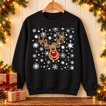 Reindeer Christmas Sweatshirt – Red Nose & Snowflake Festive Jumper
