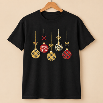 Christmas Baubles T-Shirt – Gold, Plaid & Leopard Print Festive Design