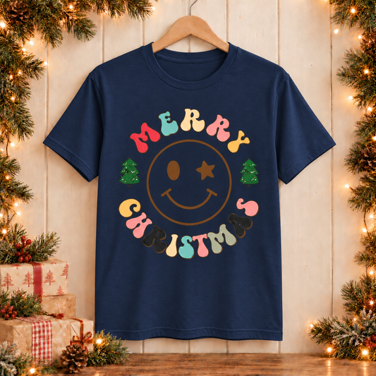 Merry Christmas T-Shirt – Retro Smiley Face & Christmas Trees
