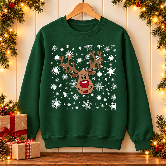 Reindeer Christmas Sweatshirt – Red Nose & Snowflake Festive Jumper
