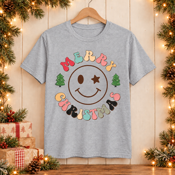 Merry Christmas T-Shirt – Retro Smiley Face & Christmas Trees