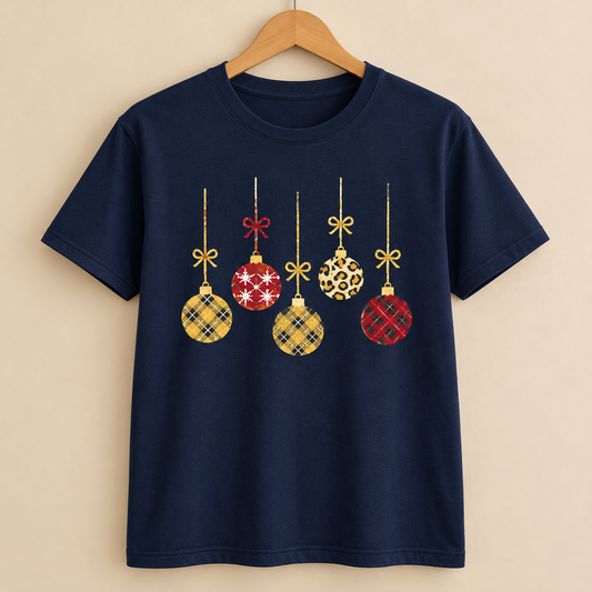 Christmas Baubles T-Shirt – Gold, Plaid & Leopard Print Festive Design